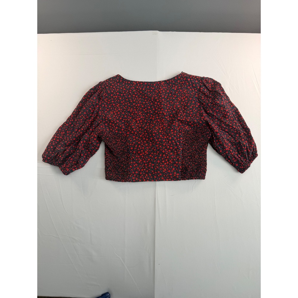 Zara‎ Crop Top Women S Red Floral Smocked Puff Sleeve Square Neck Boho Festival - Picture 2 of 9